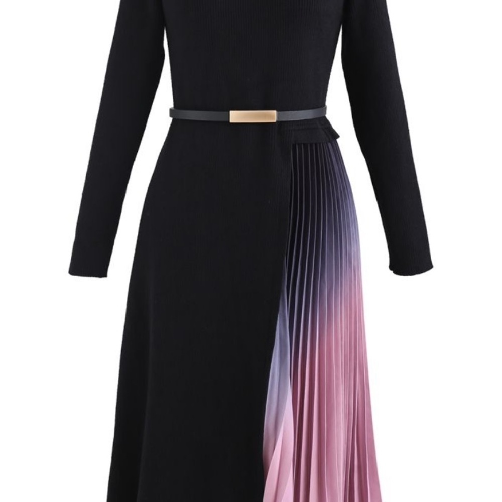 Belted, pleated knit dress